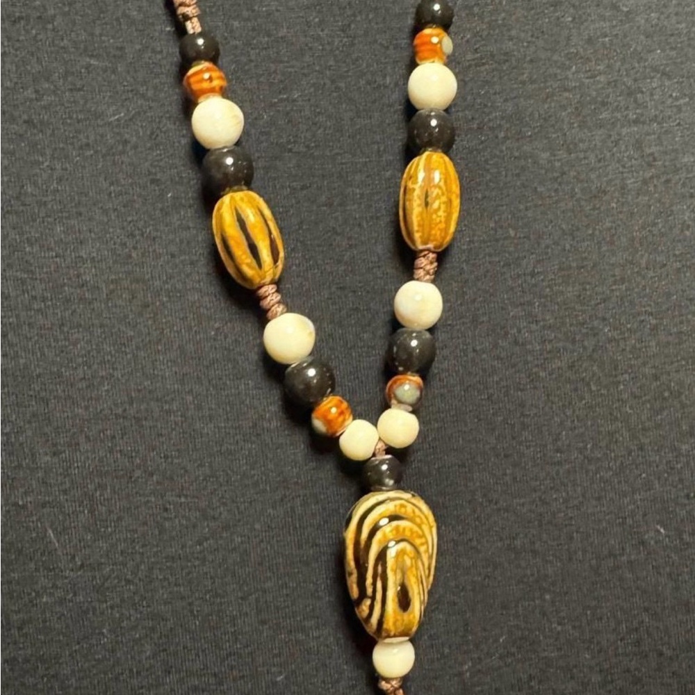 Handcrafted Beaded Necklace - Black, Cream, and Brown